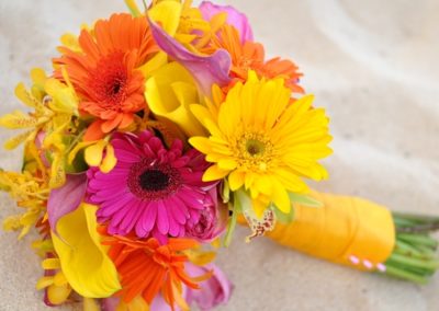 gerbera and yellow calla lily wedding bouquet